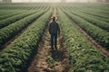 Farmer stands in a green lush field of crops. AI-generated.