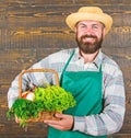 Farmer straw hat deliver fresh vegetables. Farm delivery service deliver fresh vegetables. Fresh organic vegetables in Royalty Free Stock Photo