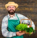 Farmer straw hat deliver fresh vegetables. Farm delivery service deliver fresh vegetables. Fresh organic vegetables in Royalty Free Stock Photo