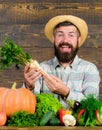 Farmer straw hat presenting fresh vegetables. Farmer with homegrown harvest. Farmer rustic villager appearance. Man Royalty Free Stock Photo