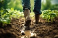 Farmer in sturdy rubber boots walking through muddy agricultural field