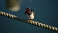 Farmer swallow sitting in the harbor on a boat line. Colorful nature bird outside with wings and feathers.