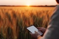 Farmer with a tablet computer in front of a sunset agricultural landscape. Neural network AI generated Royalty Free Stock Photo