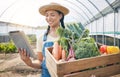 Farmer, tablet and vegetables box for agriculture, sustainability and farming in greenhouse or agro business. Person on