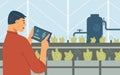 Farmer taking control of plants with smart farm system, vector illustration.