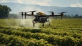 Farmer technicians remotely fly agricultural drones to fly to spray fertilizer in fields. Generative AI