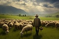 Farmer tending sheep herd in misty green valley. Generative AI