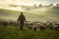 Farmer tending sheep herd in misty green valley. Generative AI