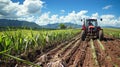 A farmer tending to a field of sugarcane using a tractor to plow the earth and ensuring the growth of healthy robust