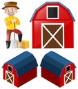 Farmer and three angles of barns