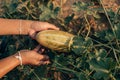 A farmer throws up a grown Long Thai Melon in farm field. Harvesting concept