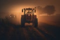 farmer in tractor with light on rides to plow a field. early morning fog in summer. Generative AI