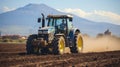 Farmer in tractor preparing land with seedbed cultivator at field. Generative AI