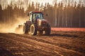 Farmer in tractor preparing land with seedbed cultivator at spring