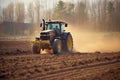 Farmer in tractor preparing land with seedbed cultivator at spring