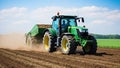 Farmer with tractor preparing land with seedbed cultivator at spring