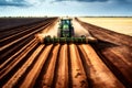 Farmer with tractor seeding sowing crops at agricultural field. Plants, wheat. Neural network AI generated