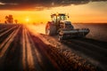 Farmer with tractor seeding sowing crops at agricultural field. Plants, wheat. Neural network AI generated