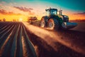 Farmer with tractor seeding sowing crops at agricultural field. Plants, wheat. Neural network AI generated