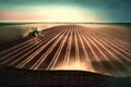 Farmer with tractor seeding sowing crops at agricultural field. Plants, wheat. Neural network AI generated