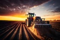 Farmer with tractor seeding sowing crops at agricultural field. Plants, wheat. Neural network AI generated