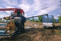 Farmer Tractor is sorting paddy seeds in rural areas of Thailand