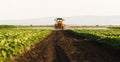 Farmer on a tractor with a sprayer makes fertilizer for young vegetable Royalty Free Stock Photo