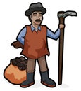 Farmer with Traditional Ruana, Hat and Mattock, and Potato Sack, Vector Illustration