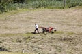 Farmer is turning hay in Pustertal, Austria Royalty Free Stock Photo