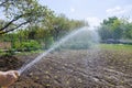 Farmer understands importance of watering garden to keep soil fertile