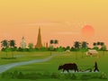 A farmer is using buffalo to shovel the soil in a rice field with a big Buddha image and the morning sun  background Royalty Free Stock Photo
