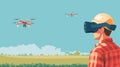 Farmer Using Drone Technology in Field. A farmer in plaid shirt and hardhat uses VR to control drones Royalty Free Stock Photo