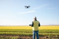 farmer using a drone to monitor large fields of crops