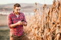 farmer using technology, young farmer using smartphone in agriculture