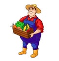 Farmer vector character. Cartoon cute fat man in hat holding box