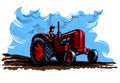 Farmer on vintage retro tractor in the field