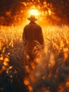 Farmer walking through golden wheat field at sunset Royalty Free Stock Photo