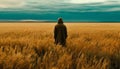 A farmer walking through a meadow, working in solitude generated by AI