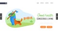 Farmer Walking Outdoors Landing Page Template. Young Man with Long Stick with Dog near his Leg