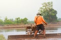 Farmer with walking tractor in early farming season