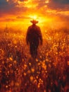 Farmer walks through field of flowers at sunset Royalty Free Stock Photo