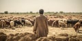 Farmer watches his livestock suffer due to a sudden feed shortage, the hardships of an agricultural crisis unfolding