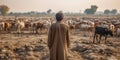 Farmer watches his livestock suffer due to a sudden feed shortage, the hardships of an agricultural crisis unfolding