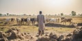 Farmer watches his livestock suffer due to a sudden feed shortage, the hardships of an agricultural crisis unfolding