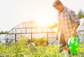 Farmer watering plants on farm using green watering can