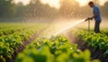 A farmer is watering vegetable rows in a field Royalty Free Stock Photo