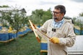 Farmer wearing bee suit cleaning honeycomb frame with brush