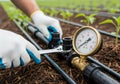 A farmer wearing gloves is fixing irrigation, checking the pressure, and optimizing watering, contributing to efficient Royalty Free Stock Photo