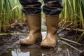 Farmer wearing rubber boots standing in wheatgrass field created by generative AI Royalty Free Stock Photo