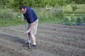 Farmer Weeding His Garden With A Hoe